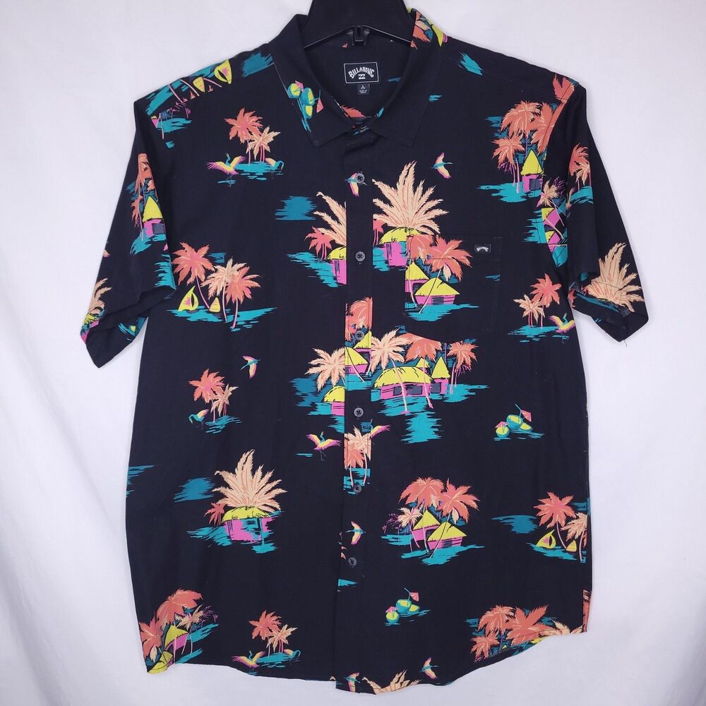 Billabong Shirt Mens Large Black Tropical Floral Sundays